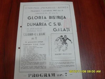 Gloria Bistrita - Dunarea CSU Galati 1982-1983 Program Meci