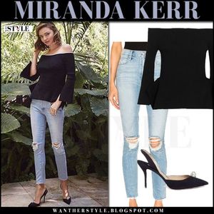 miranda kerr in black off shoulder top and ripped skinny jeans instagram march 2017 what she wore